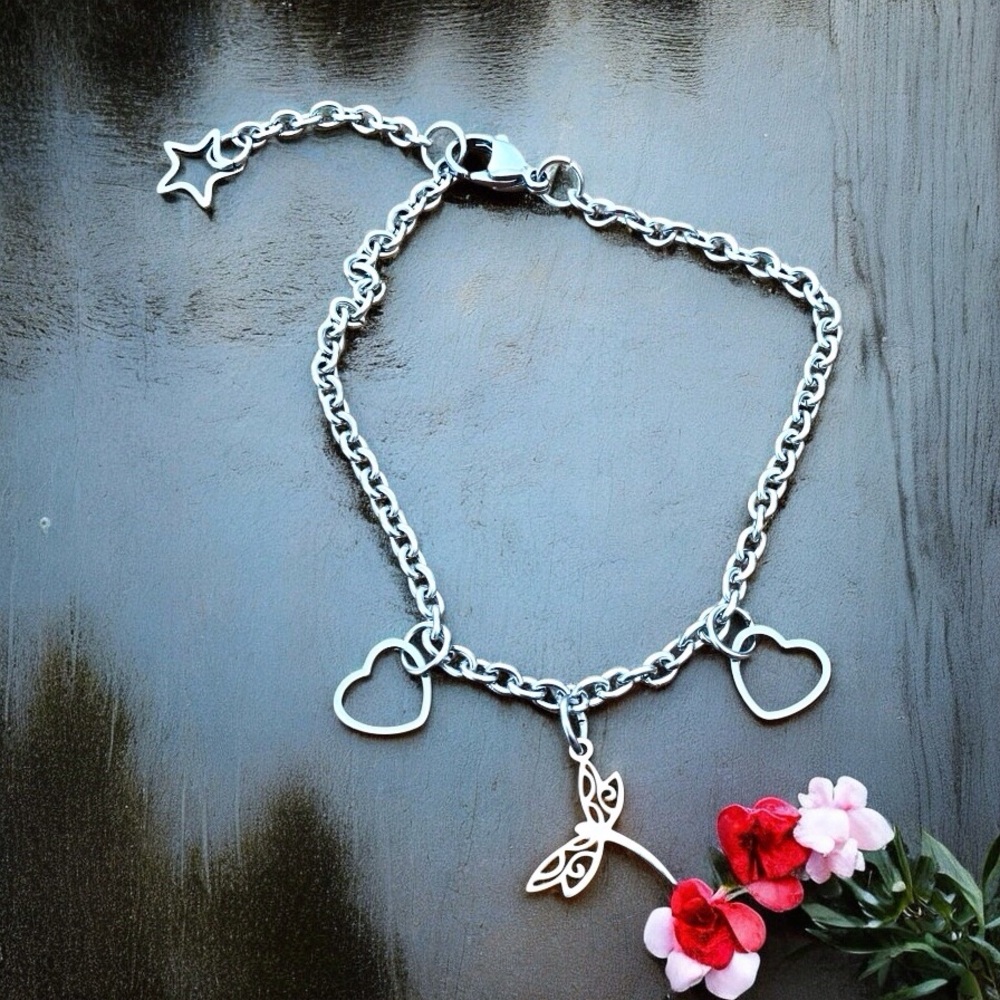 🆕 Dragonfly Hearts and Stars Anklet Stainless Steel